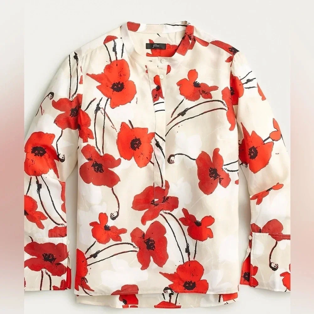 J. Crew 💯% Silk Blouse in ivory poppy floral print. Size Small. Lightweight